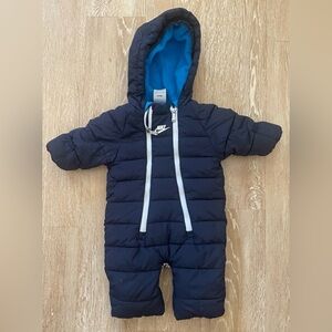 Nike Baby Navy Blue Fleece Lined Puffer Snowsuit Zip Front Hooded Snaps; 0-3 mon